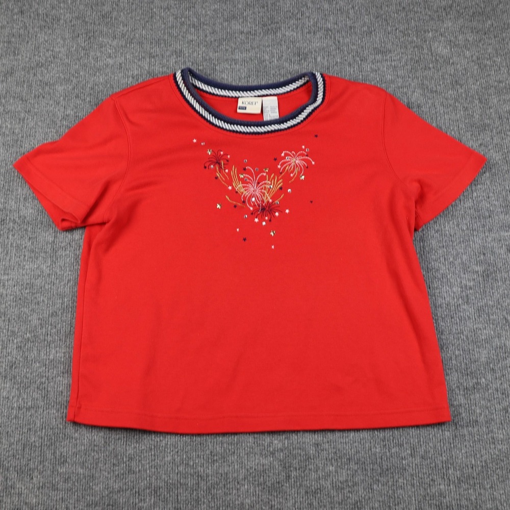 Koret Shirt Womens Petite Large Red Fireworks Embroidered Rhinestone Top Sparkle